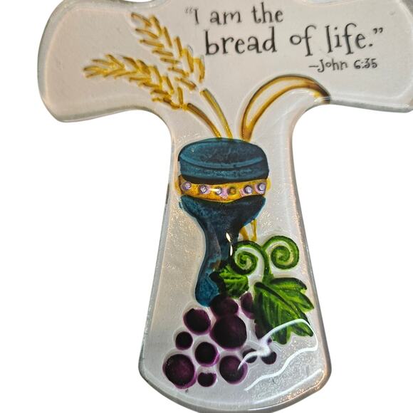 Glass Cross 7"x5" Chalice, grapes wheat Inscibed "I am the bread of Life."  John - Picture 3 of 6